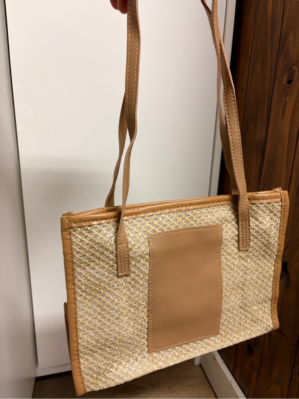 Tan Woven Tote Bag with Faux Leather Trim